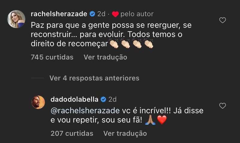 Rachel Sheherazade comenta publicação de Dado Dolabella no Instagram