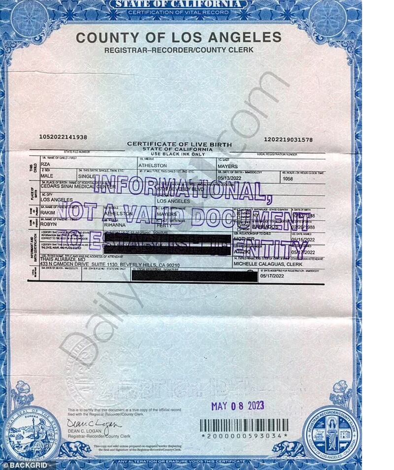 Certidão de nascimento do filho de Rihanna obtida pelo Daily Mail