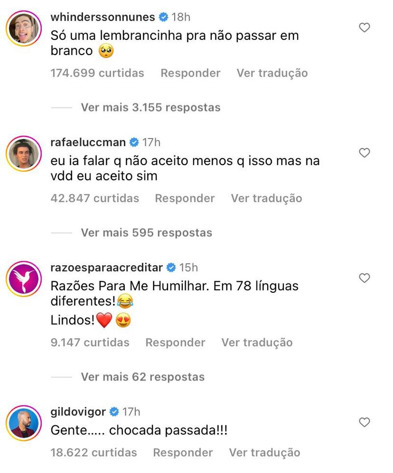 Famosos comentam publicação de Zé Felipe e Virginia