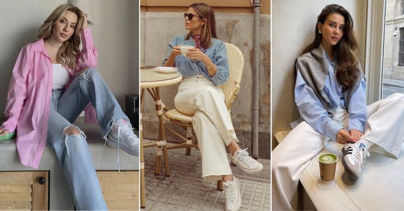 Look de wide leg jeans con camisa y tenis