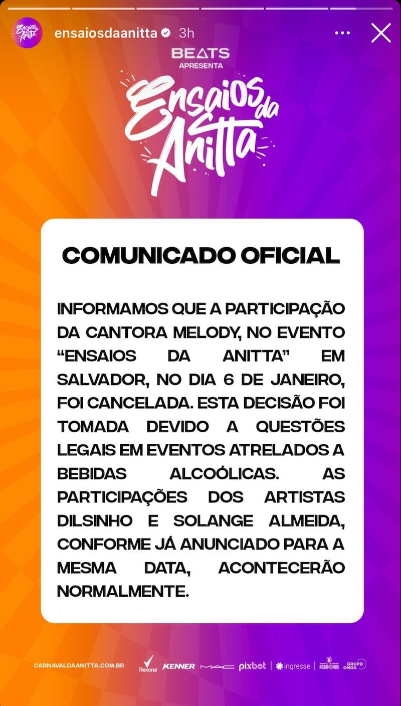 'Ensaios da Anitta' via Instagram Story