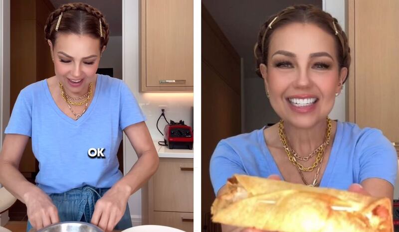 Thalía mostró su receta para hacer flautas de pollo.