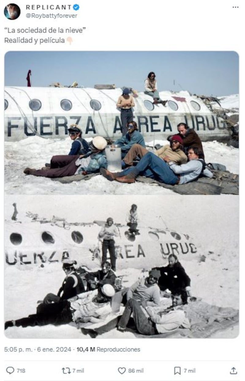 Imagen real del accidente del vuelo 571 de la Fuerza Aérea Uruguaya y su reproducción en 'La sociedad de la nieve'