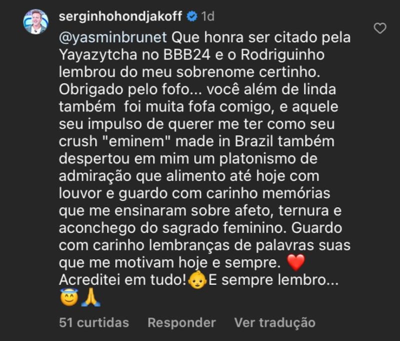 Sérgio Hondjakoff relembra relacionamento com Yasmin Brunet